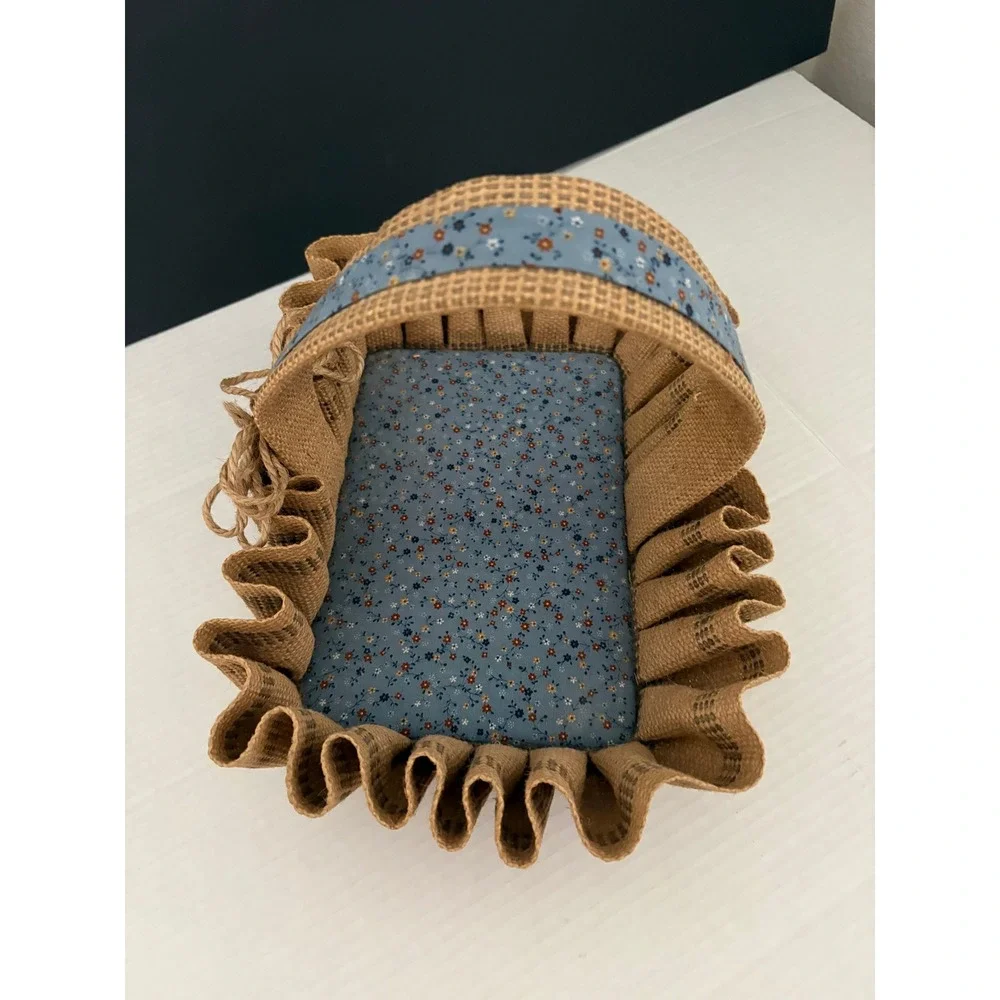 VTG Handmade Burlap Basket Farmhouse Primitive Rustic‎ Tan Blue Floral Handle